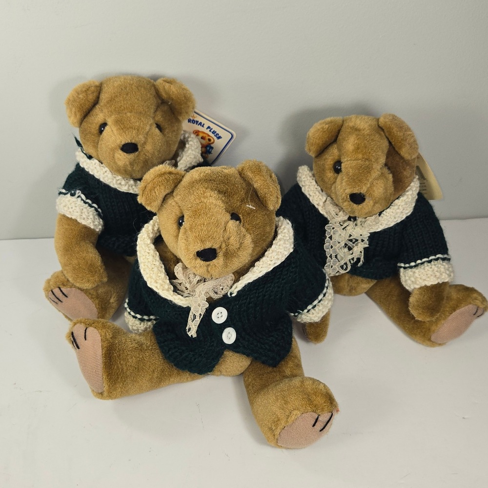Vintage Royal Plush  11 Inch Teddy Bear Set of 3 Green Knit Sweater Lace Trim